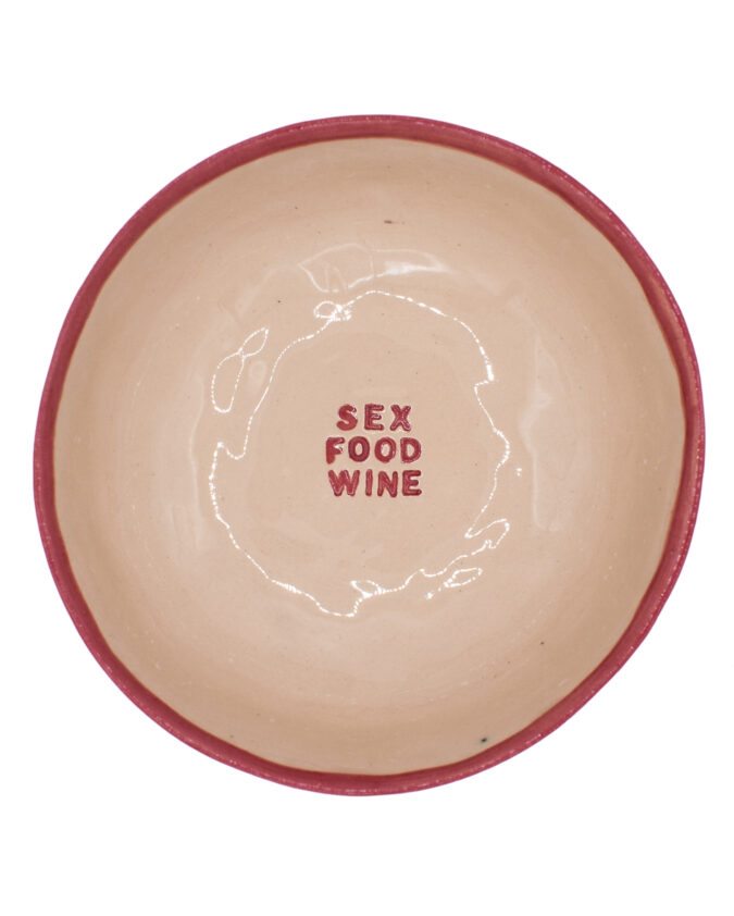 ceramiczna miska z napisem "sex, food, wine"