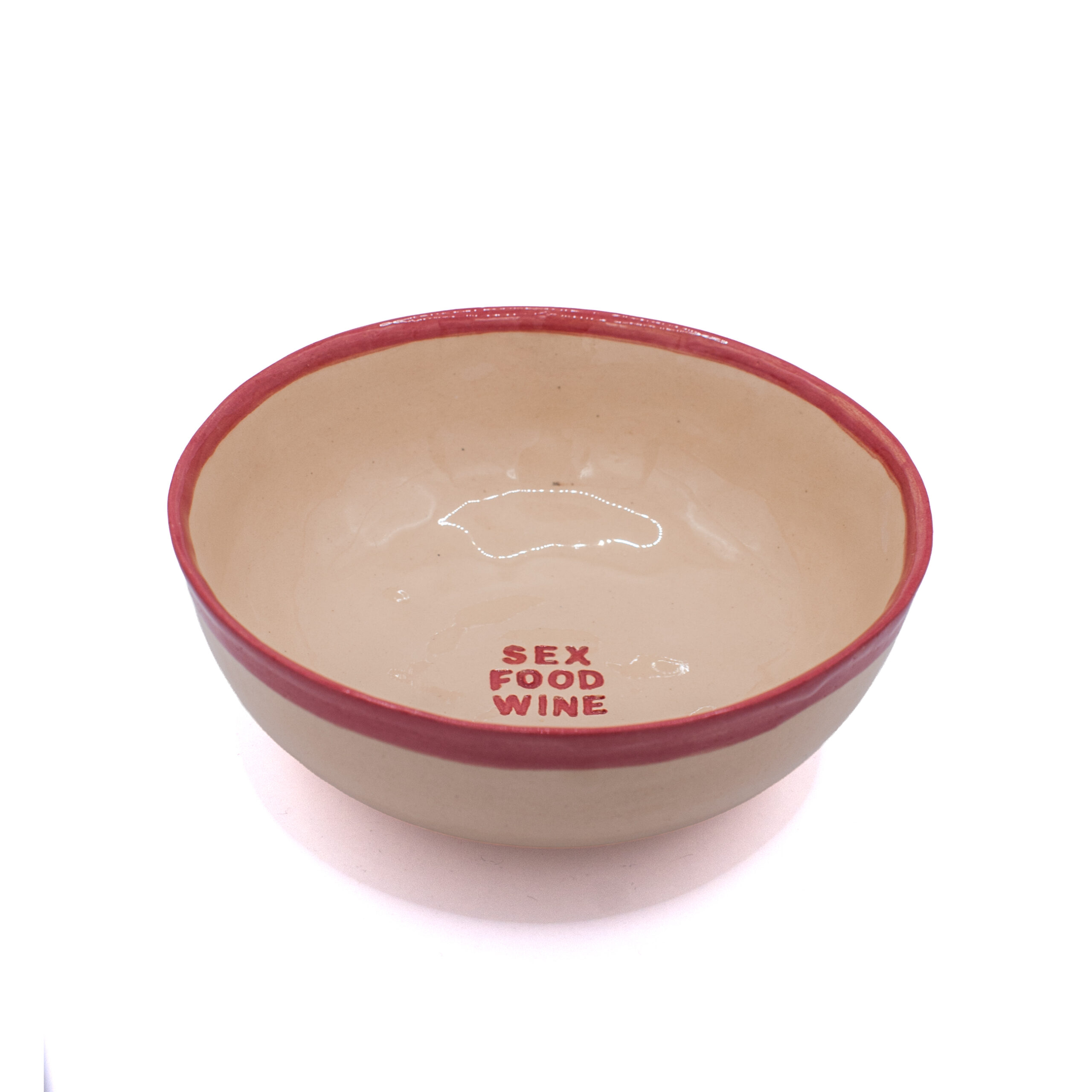 ceramiczna miska z napisem "sex, food, wine"