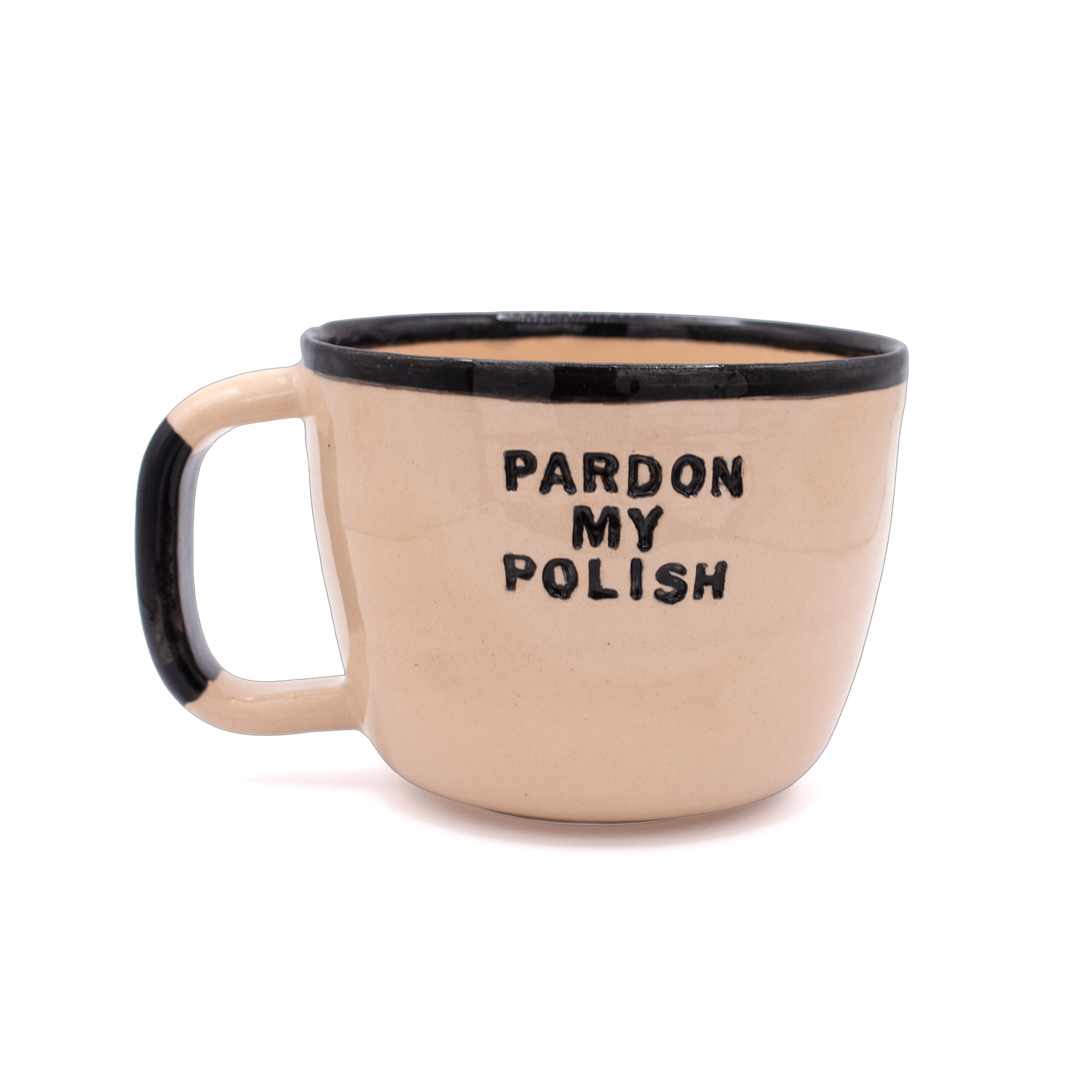 Ceramiczny kubek z uchem i napisem "pardon my polish"